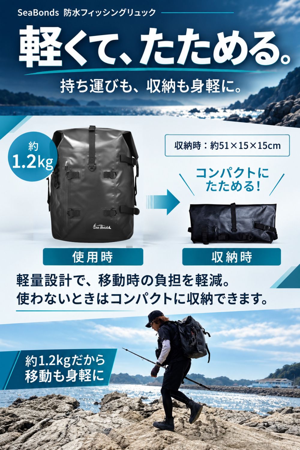 SeaBonds 防水リュック 45L 大容量 釣り アウトドア バックパック ロッドホルダー付き