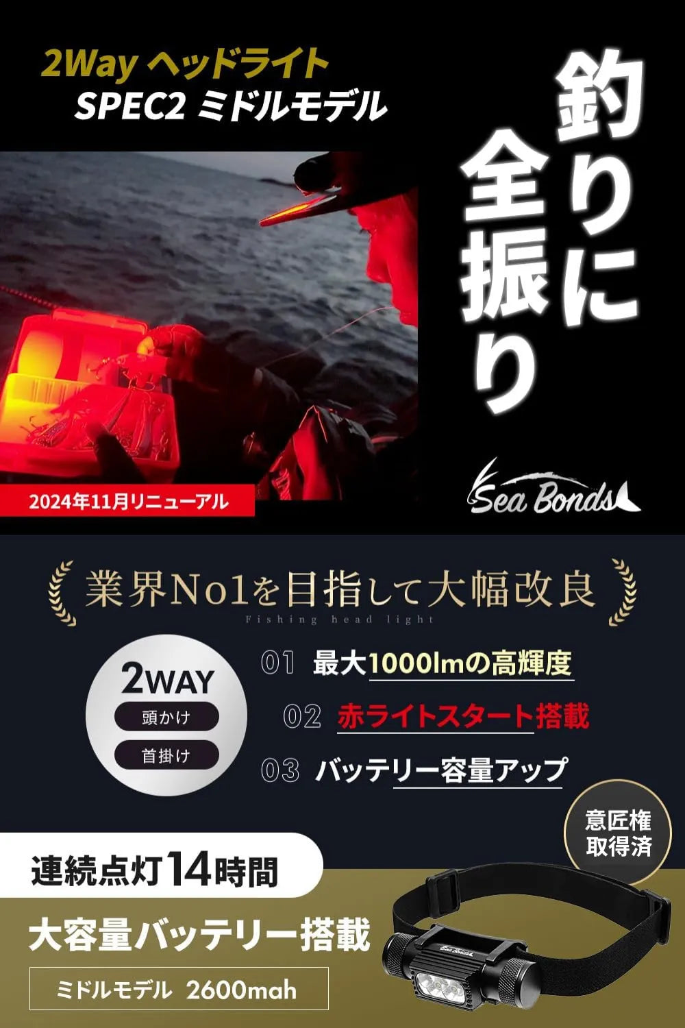 ヘッドライトSPEC2 1000ルーメン（ハイモデル3500mAh｜ミドルモデル2600mAh） 送料無料